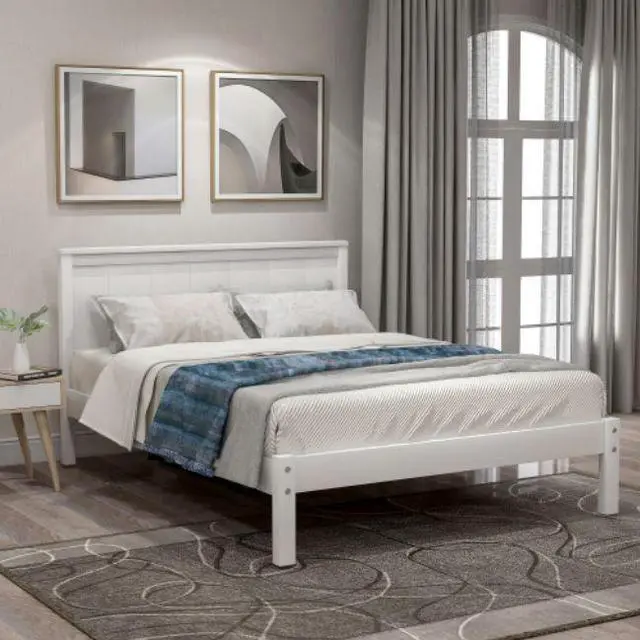 Alt view image 2 of 7 - Platform Bed Frame with Headboard Wood Slat Support No Box Spring Needed Twin White