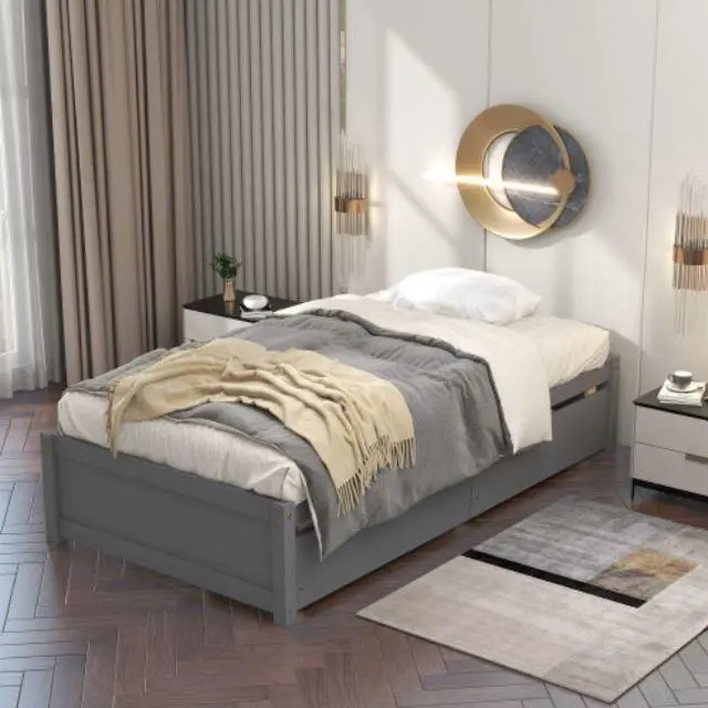 Main image of Solid Wood Twin Bed with 2 Drawers No Box Spring Needed Grey