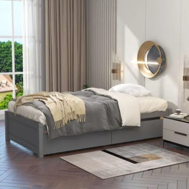 Alt view image 2 of 7 - Solid Wood Twin Bed with 2 Drawers No Box Spring Needed Grey