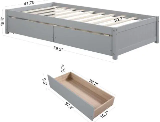 Alt view image 5 of 7 - Solid Wood Twin Bed with 2 Drawers No Box Spring Needed Grey