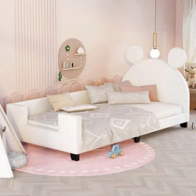 Alt view image 2 of 7 - Children's bed upholstered bed with slatted frame Twin Size with Carton Ears Shaped Headboard White