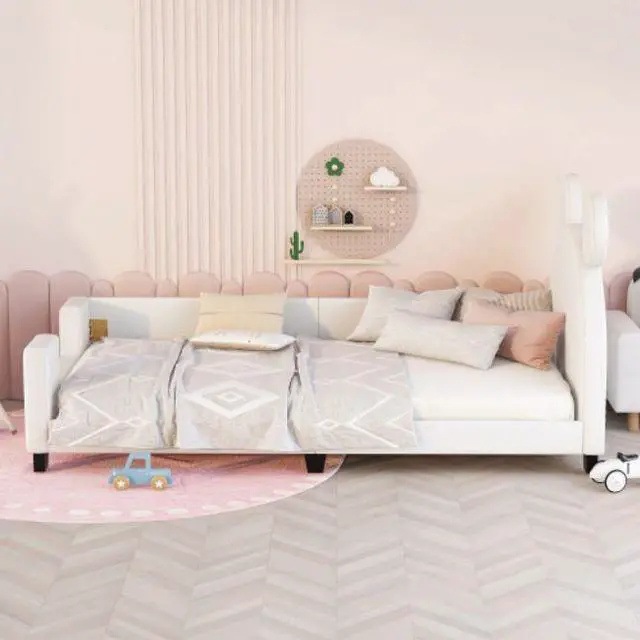 Alt view image 3 of 7 - Children's bed upholstered bed with slatted frame Twin Size with Carton Ears Shaped Headboard White