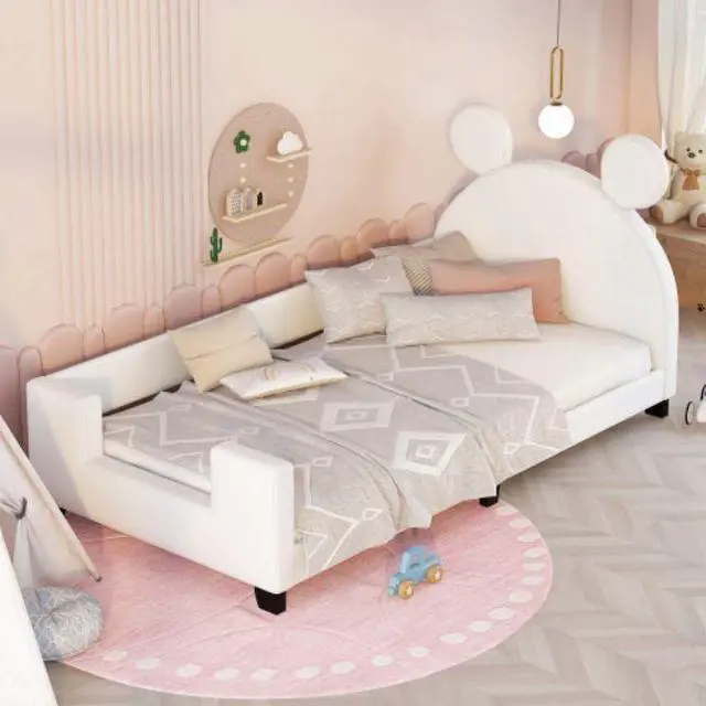 Main image of Children's bed upholstered bed with slatted frame Twin Size with Carton Ears Shaped Headboard White