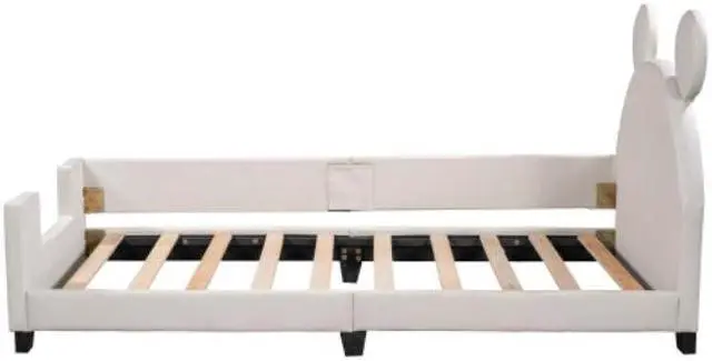 Alt view image 5 of 7 - Children's bed upholstered bed with slatted frame Twin Size with Carton Ears Shaped Headboard White