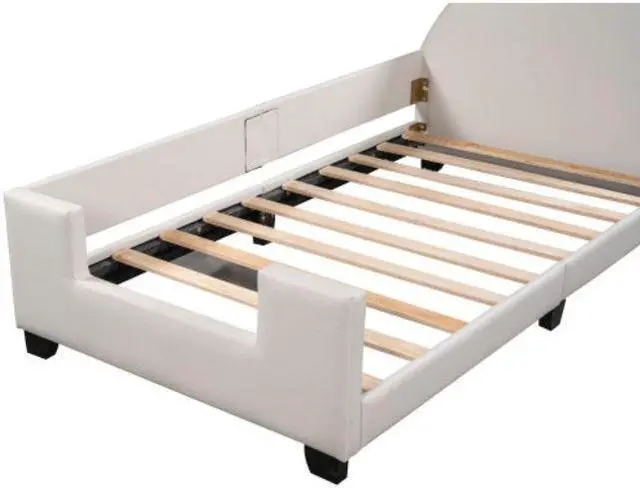 Alt view image 4 of 7 - Children's bed upholstered bed with slatted frame Twin Size with Carton Ears Shaped Headboard White