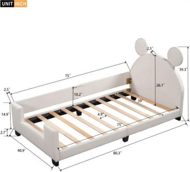 Alt view image 6 of 7 - Children's bed upholstered bed with slatted frame Twin Size with Carton Ears Shaped Headboard White