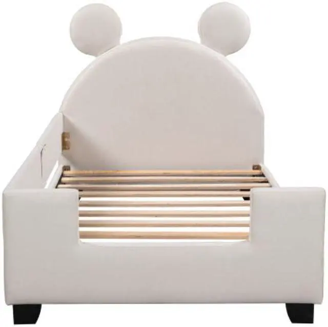 Alt view image 7 of 7 - Children's bed upholstered bed with slatted frame Twin Size with Carton Ears Shaped Headboard White