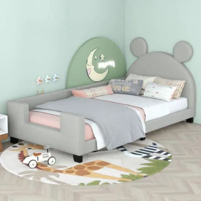 Alt view image 3 of 7 - Children's bed upholstered bed with slatted frame Twin Size with Carton Ears Shaped Headboard Grey