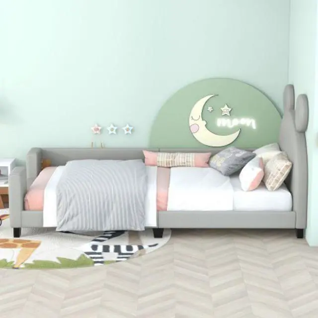 Alt view image 2 of 7 - Children's bed upholstered bed with slatted frame Twin Size with Carton Ears Shaped Headboard Grey