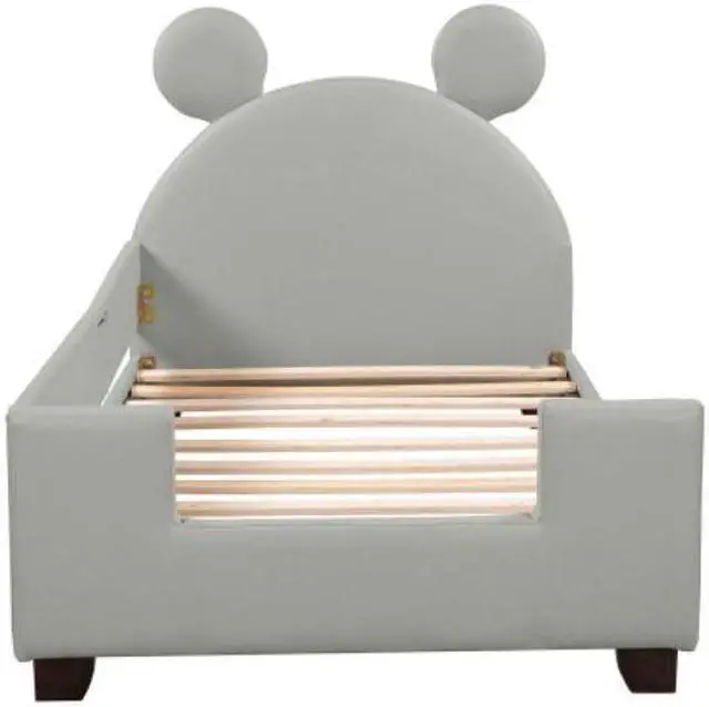 Alt view image 4 of 7 - Children's bed upholstered bed with slatted frame Twin Size with Carton Ears Shaped Headboard Grey