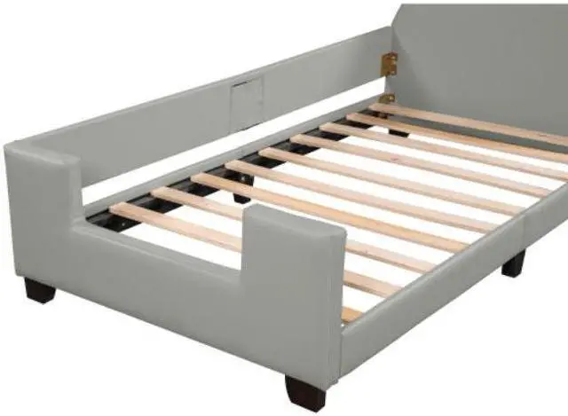 Alt view image 5 of 7 - Children's bed upholstered bed with slatted frame Twin Size with Carton Ears Shaped Headboard Grey