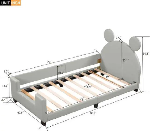 Alt view image 6 of 7 - Children's bed upholstered bed with slatted frame Twin Size with Carton Ears Shaped Headboard Grey