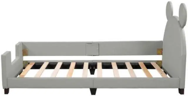 Alt view image 7 of 7 - Children's bed upholstered bed with slatted frame Twin Size with Carton Ears Shaped Headboard Grey