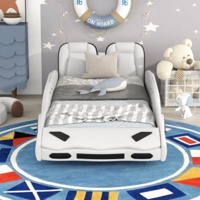 Alt view image 2 of 7 - Twin Size Race Car-Shaped Platform Bed with Wheels Children's bed Youth bed White