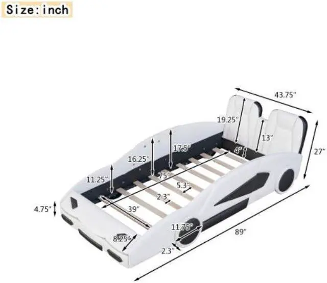 Alt view image 7 of 7 - Twin Size Race Car-Shaped Platform Bed with Wheels Children's bed Youth bed White