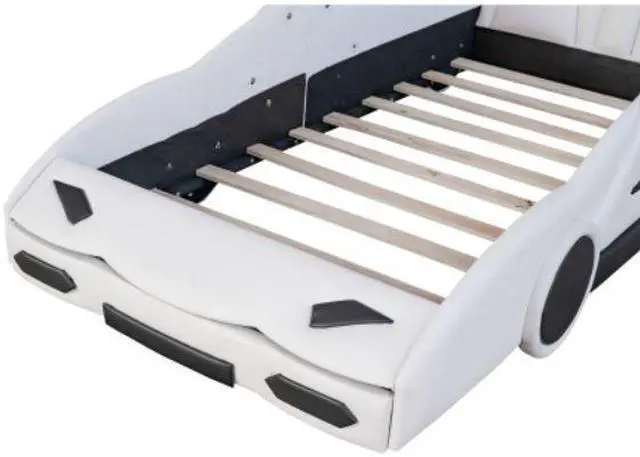 Alt view image 5 of 7 - Twin Size Race Car-Shaped Platform Bed with Wheels Children's bed Youth bed White