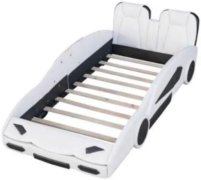 Alt view image 6 of 7 - Twin Size Race Car-Shaped Platform Bed with Wheels Children's bed Youth bed White