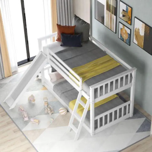 Alt view image 3 of 7 - Twin over Twin Bunk Bed with Convertible Slide and Ladder for children teenagers adults easy to assemble White