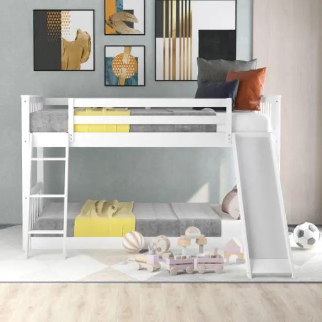 Alt view image 2 of 7 - Twin over Twin Bunk Bed with Convertible Slide and Ladder for children teenagers adults easy to assemble White