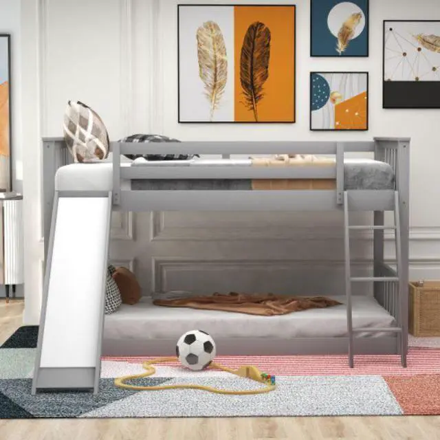 Alt view image 2 of 7 - Twin over Twin Bunk Bed with Convertible Slide and Ladder for children teenagers adults easy to assemble Gray