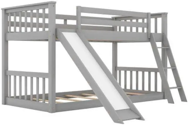 Alt view image 5 of 7 - Twin over Twin Bunk Bed with Convertible Slide and Ladder for children teenagers adults easy to assemble Gray