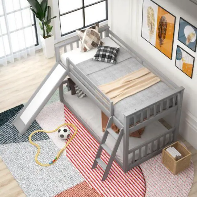 Alt view image 3 of 7 - Twin over Twin Bunk Bed with Convertible Slide and Ladder for children teenagers adults easy to assemble Gray