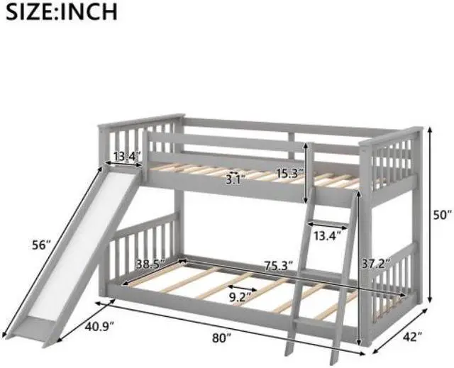 Alt view image 7 of 7 - Twin over Twin Bunk Bed with Convertible Slide and Ladder for children teenagers adults easy to assemble Gray