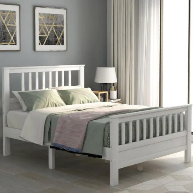 Alt view image 2 of 7 - Wood Platform Bed with Headboard and Footboard Full bed Solid wood bed  White