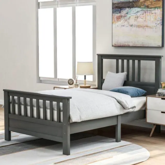 Alt view image 2 of 7 - Twin Bed Pine wood MDF Wood Platform Bed No box Spring needed Gray