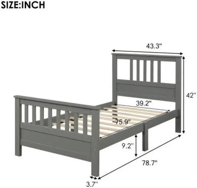 Alt view image 7 of 7 - Twin Bed Pine wood MDF Wood Platform Bed No box Spring needed Gray