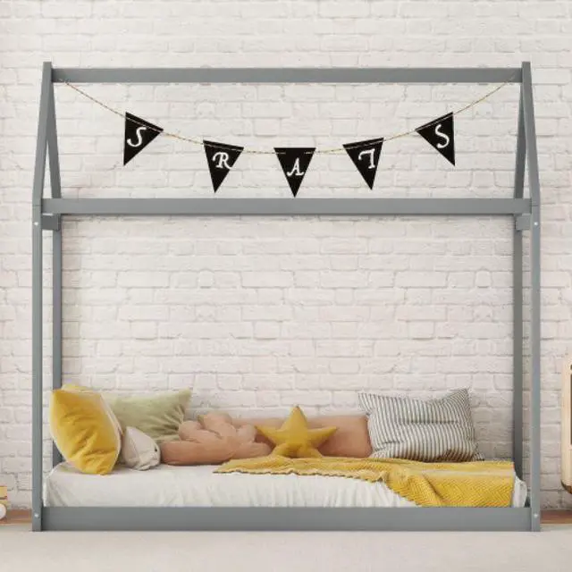 Alt view image 3 of 7 - Twin Size Childrens bed Treehouse Wooden house-shaped cot Bed pine frame Gray