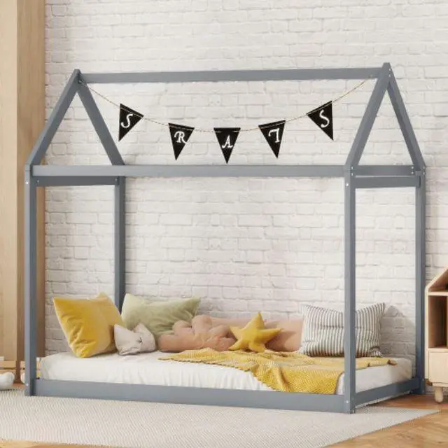 Alt view image 2 of 7 - Twin Size Childrens bed Treehouse Wooden house-shaped cot Bed pine frame Gray