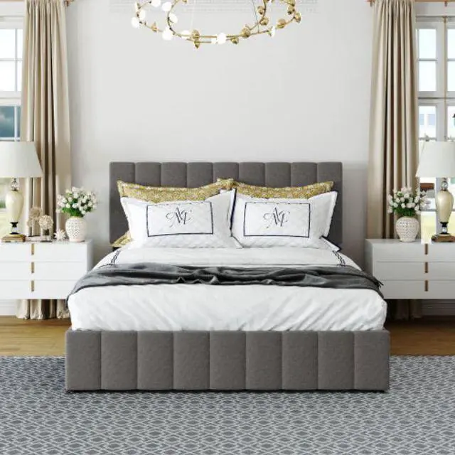 Alt view image 2 of 7 - Upholstered Bed Queen size Platform bed with a Hydraulic Storage System wooden slatted frame Gray