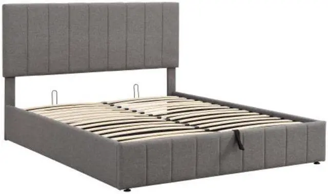 Alt view image 4 of 7 - Upholstered Bed Queen size Platform bed with a Hydraulic Storage System wooden slatted frame Gray