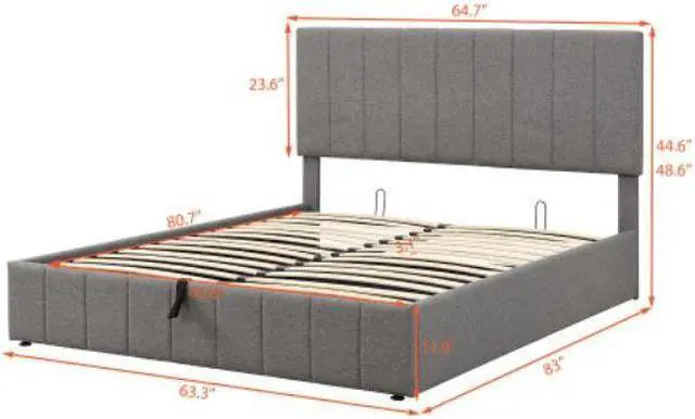 Alt view image 7 of 7 - Upholstered Bed Queen size Platform bed with a Hydraulic Storage System wooden slatted frame Gray