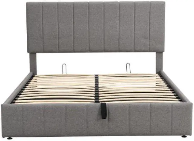 Alt view image 6 of 7 - Upholstered Bed Queen size Platform bed with a Hydraulic Storage System wooden slatted frame Gray