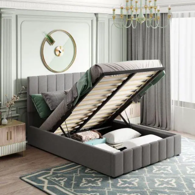 Main image of Double bed with hydraulically lifting bed storage space Full size Upholstered Platform bed Gray