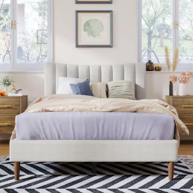 Alt view image 2 of 7 - Full Bed Upholstered Platform Bed Frame with Vertical Channel Tufted Headboard No Box Spring Needed Cream