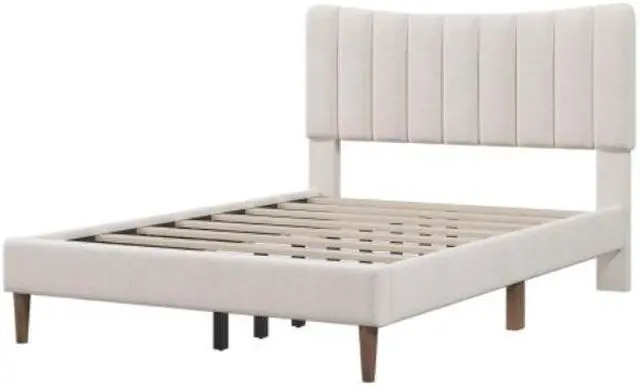 Alt view image 5 of 7 - Full Bed Upholstered Platform Bed Frame with Vertical Channel Tufted Headboard No Box Spring Needed Cream
