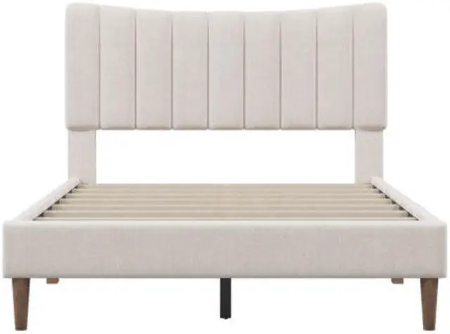 Alt view image 4 of 7 - Full Bed Upholstered Platform Bed Frame with Vertical Channel Tufted Headboard No Box Spring Needed Cream