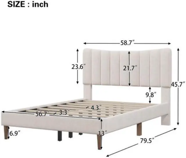 Alt view image 7 of 7 - Full Bed Upholstered Platform Bed Frame with Vertical Channel Tufted Headboard No Box Spring Needed Cream