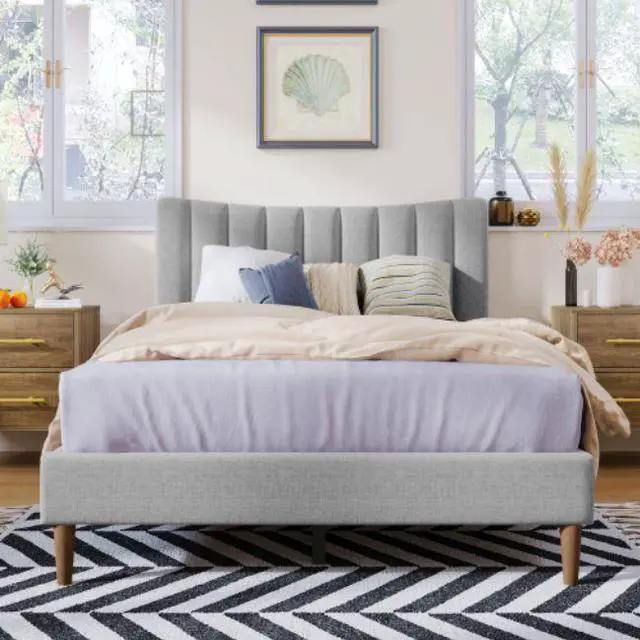 Alt view image 2 of 7 - Upholstered Platform Bed Frame with Vertical Channel Tufted Headboard No Box Spring Needed Full Gray