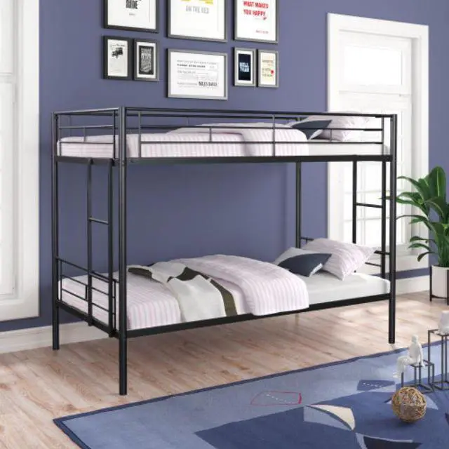 Main image of Twin over Twin Metal Bunk Bed Heavy-duty Sturdy Metal Noise Reduced Design 2 Side Ladders Safety Guardrail Black