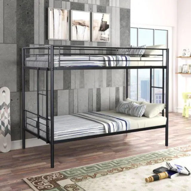 Alt view image 2 of 7 - Twin over Twin Metal Bunk Bed Heavy-duty Sturdy Metal Noise Reduced Design 2 Side Ladders Safety Guardrail Black