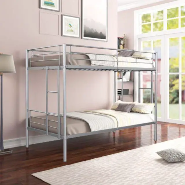 Main image of Twin over Twin Metal Bunk Bed Heavy-duty Sturdy Metal Noise Reduced Design 2 Side Ladders Safety Guardrail Silver