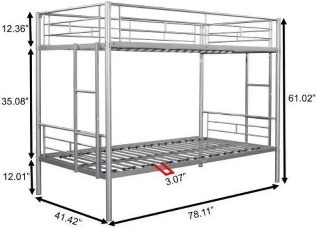 Alt view image 7 of 7 - Twin over Twin Metal Bunk Bed Heavy-duty Sturdy Metal Noise Reduced Design 2 Side Ladders Safety Guardrail Silver