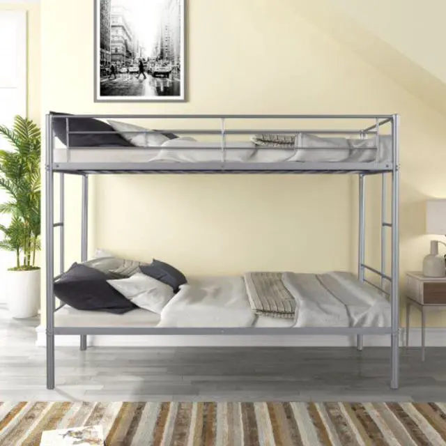 Alt view image 2 of 7 - Twin over Twin Metal Bunk Bed Heavy-duty Sturdy Metal Noise Reduced Design 2 Side Ladders Safety Guardrail Silver