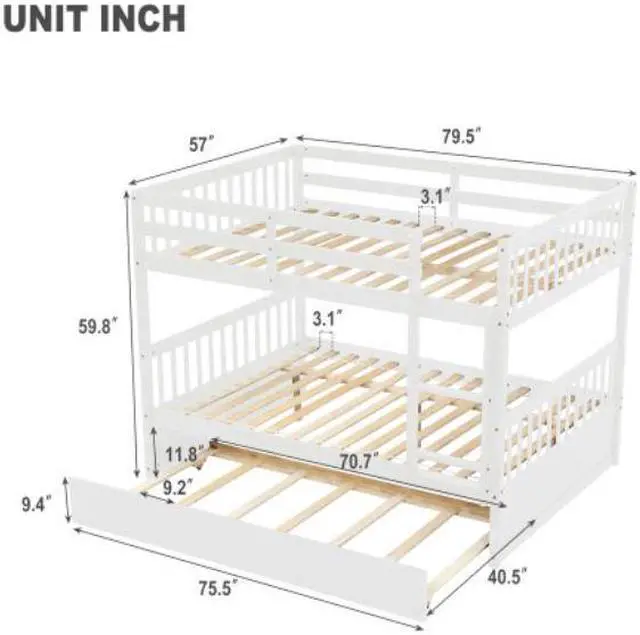 Alt view image 6 of 6 - Full Over Full Bunk Bed with Trundle Convertible to 2 Full Size Platform Bed Full Size Bunk Bed with Ladder and Safety Rails for Kids Teens Adults White