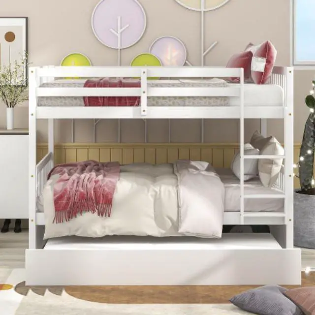 Alt view image 2 of 6 - Full Over Full Bunk Bed with Trundle Convertible to 2 Full Size Platform Bed Full Size Bunk Bed with Ladder and Safety Rails for Kids Teens Adults White