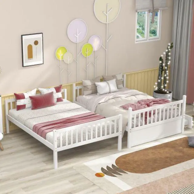 Alt view image 3 of 6 - Full Over Full Bunk Bed with Trundle Convertible to 2 Full Size Platform Bed Full Size Bunk Bed with Ladder and Safety Rails for Kids Teens Adults White